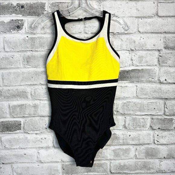 Vintage Black Yellow Colour Block High Square Neckline One Piece Swimsuit - Picture 1 of 10